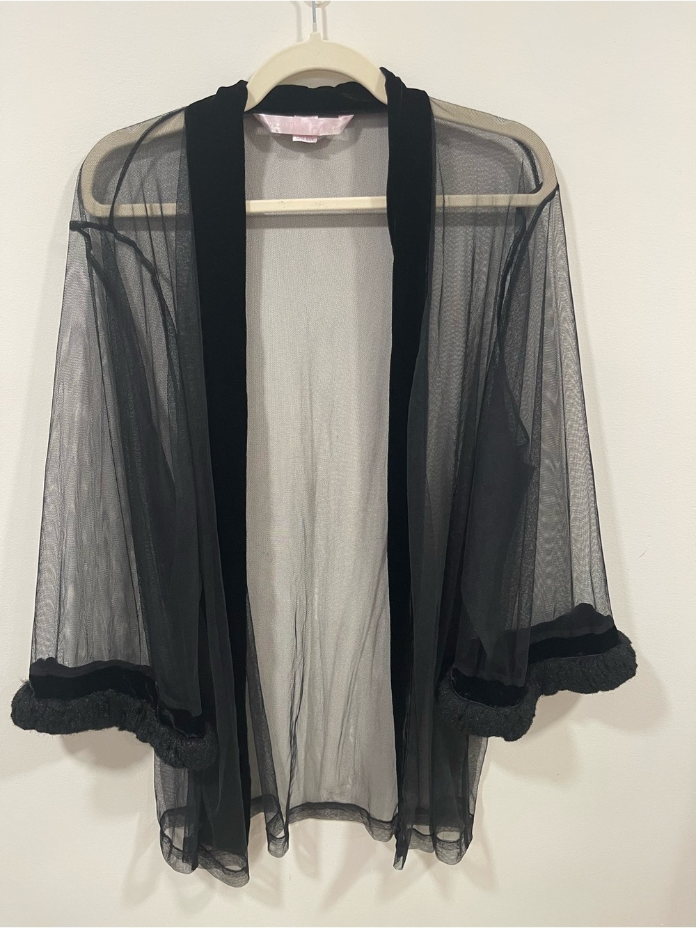 Victoria's Secret Y2K Black Sheer Mesh Kimono Robe with Velvet Trim